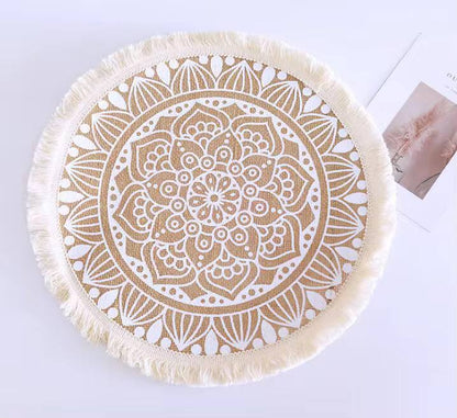 42 cm Boho woven jute dining placemats with silkscreen printing