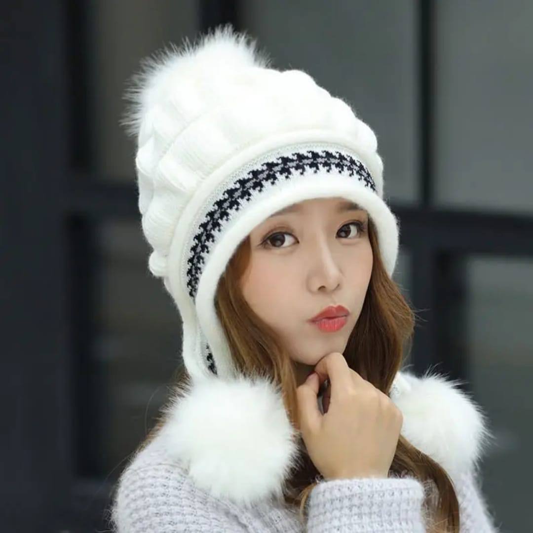 Women's Fleece-Lined and Thickened KnitPullover Hat Outdoor Windproof Warm Style Headwear