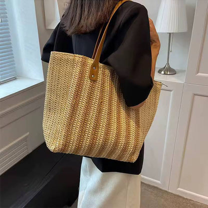 Striped pattern double handle straw bags