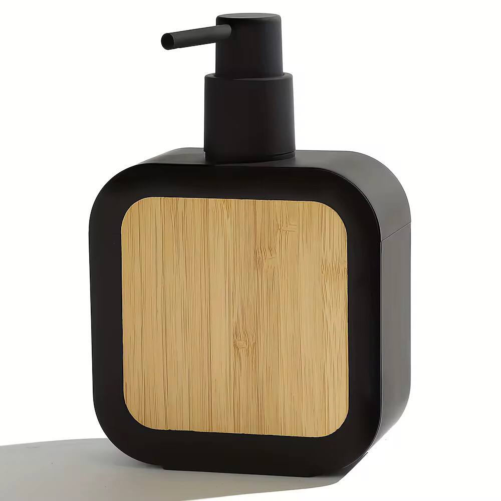 Square plastic soap dispenser with bamboo accent pump
