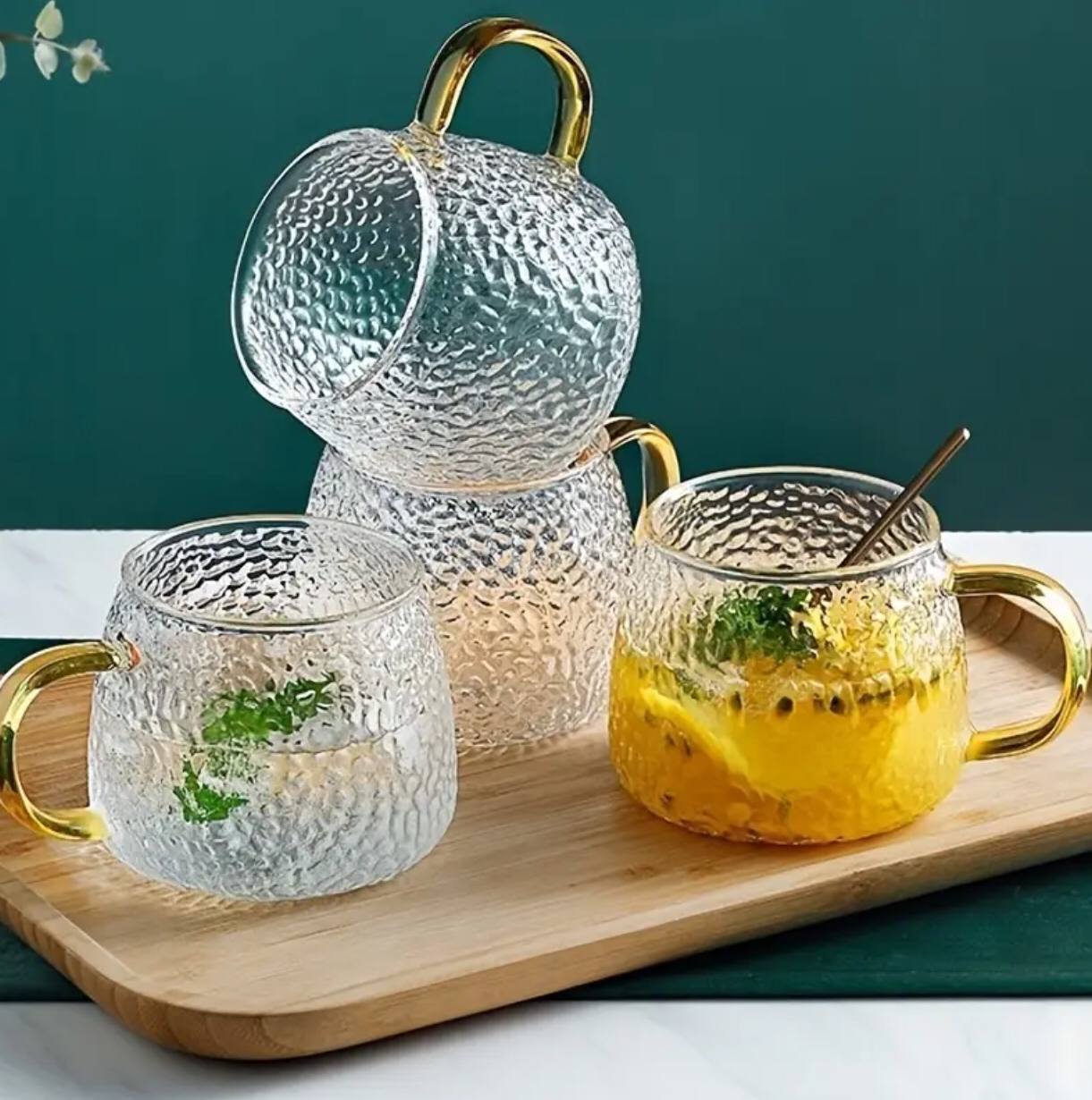 350 ml Hammer Patterned Glass Cups with a Gold Handle