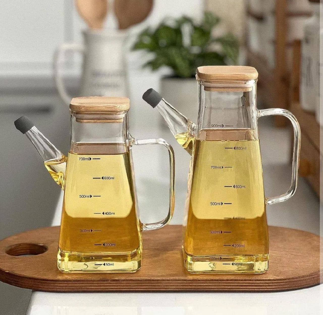 High borosilicate cooking oil vinegar dispenser with bamboo lid