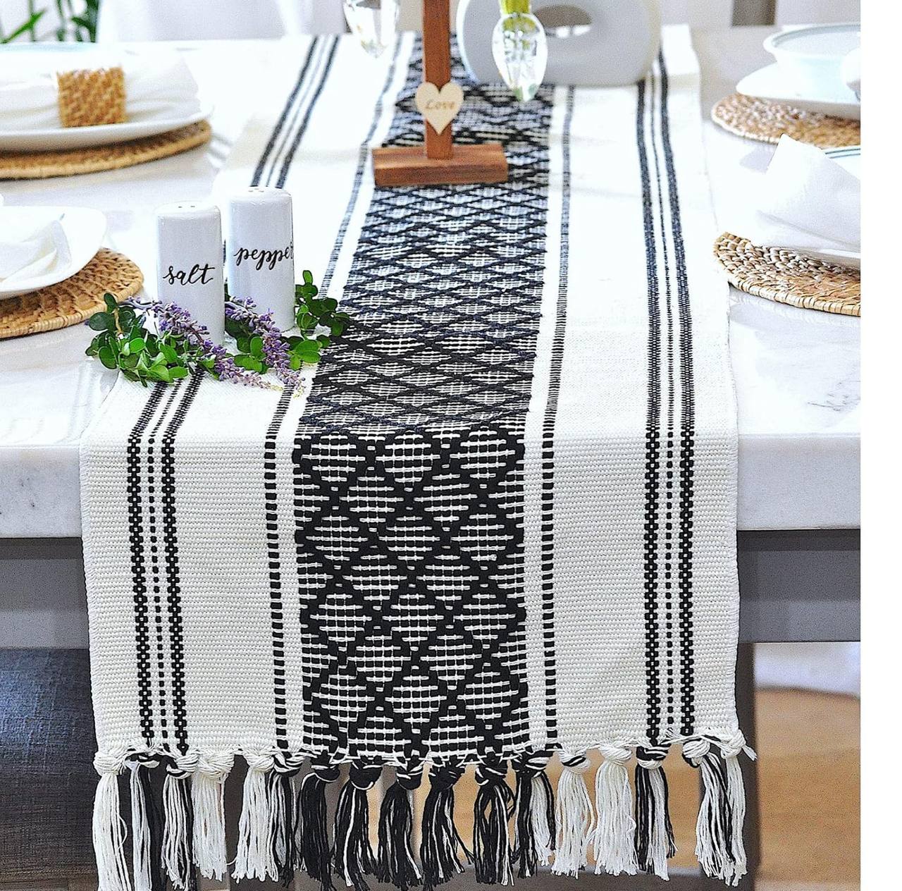 Braided woven textured table runner with tassels and 6pcs mats