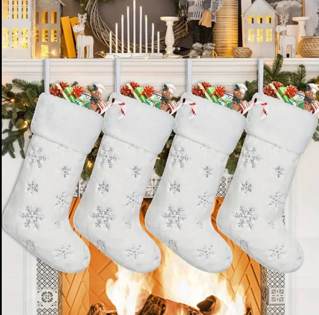4 Pack Christmas White Faux Fur Xmas socks  with Silver Sequin Snowflakes