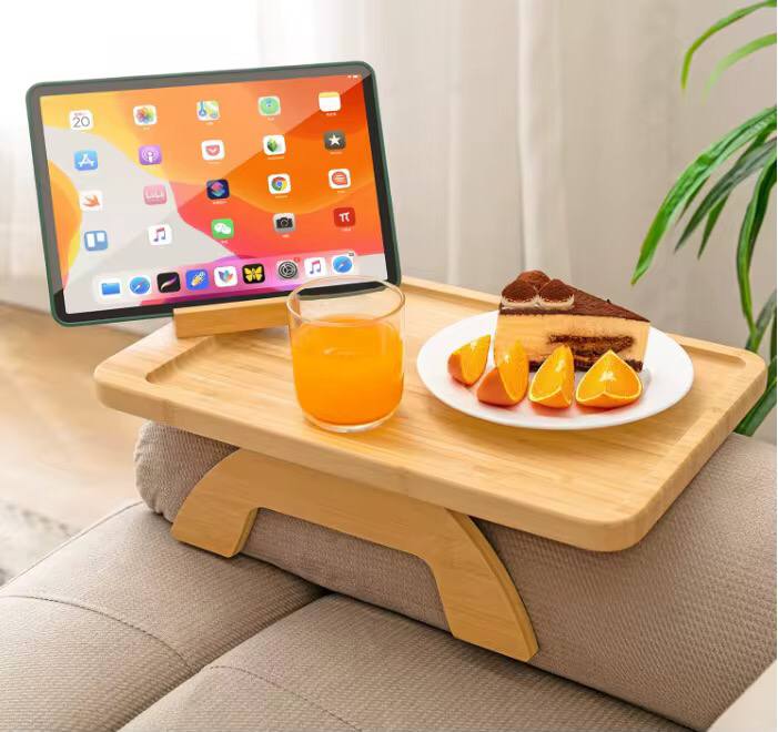 Foldable wooden sofa armrest tray clip on table for couch convenience