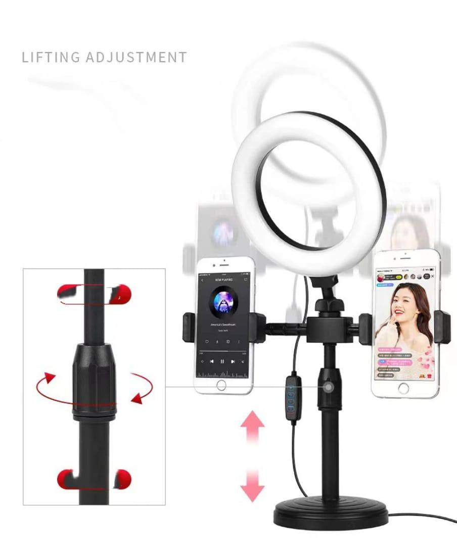 6inch led selfie stand ringlight with 3 modes and dual phone holder for makeup and live broadcast