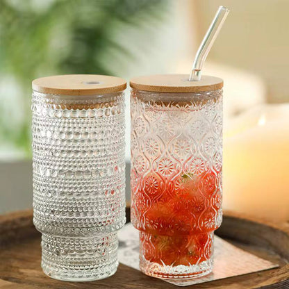 475ml Glass Cups with Lids and Straws, Vintage  Embossed tumbler Glassware for Whiskey Cocktail Beer, Iced Coffee/tea Cups with Lid, Glass Tumbler with Straw and Lid