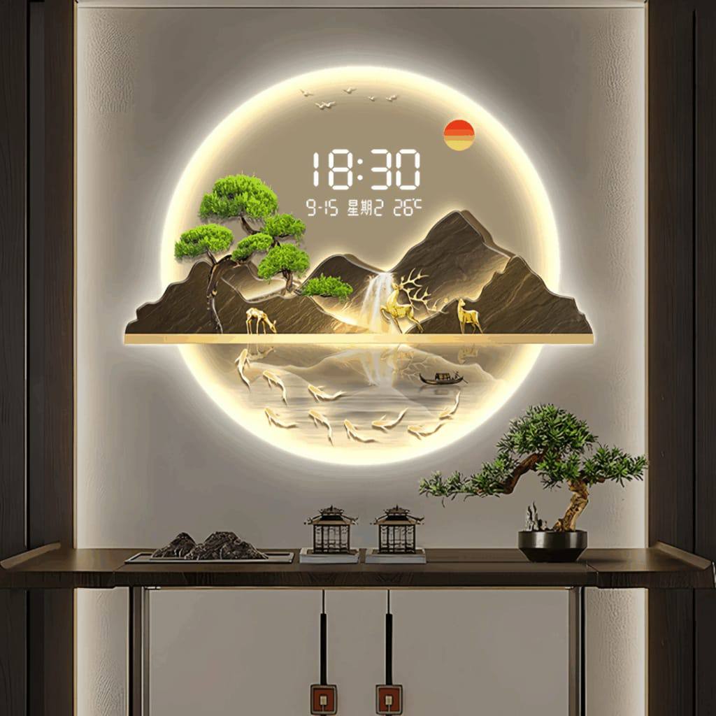 60by80 ROUND GREETING PINE 3D LED DECORATIVE WALL CLOCK