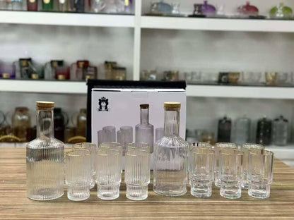 Custom Vertical Decanter with Bamboo lid & 6pcs Highball Glassware with Gold Rim.