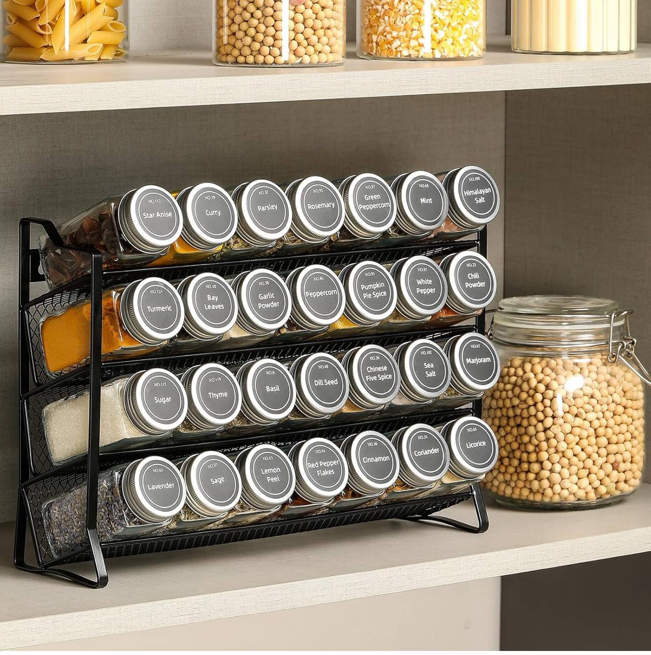 seasoning spice jars with lid and a metallic rack