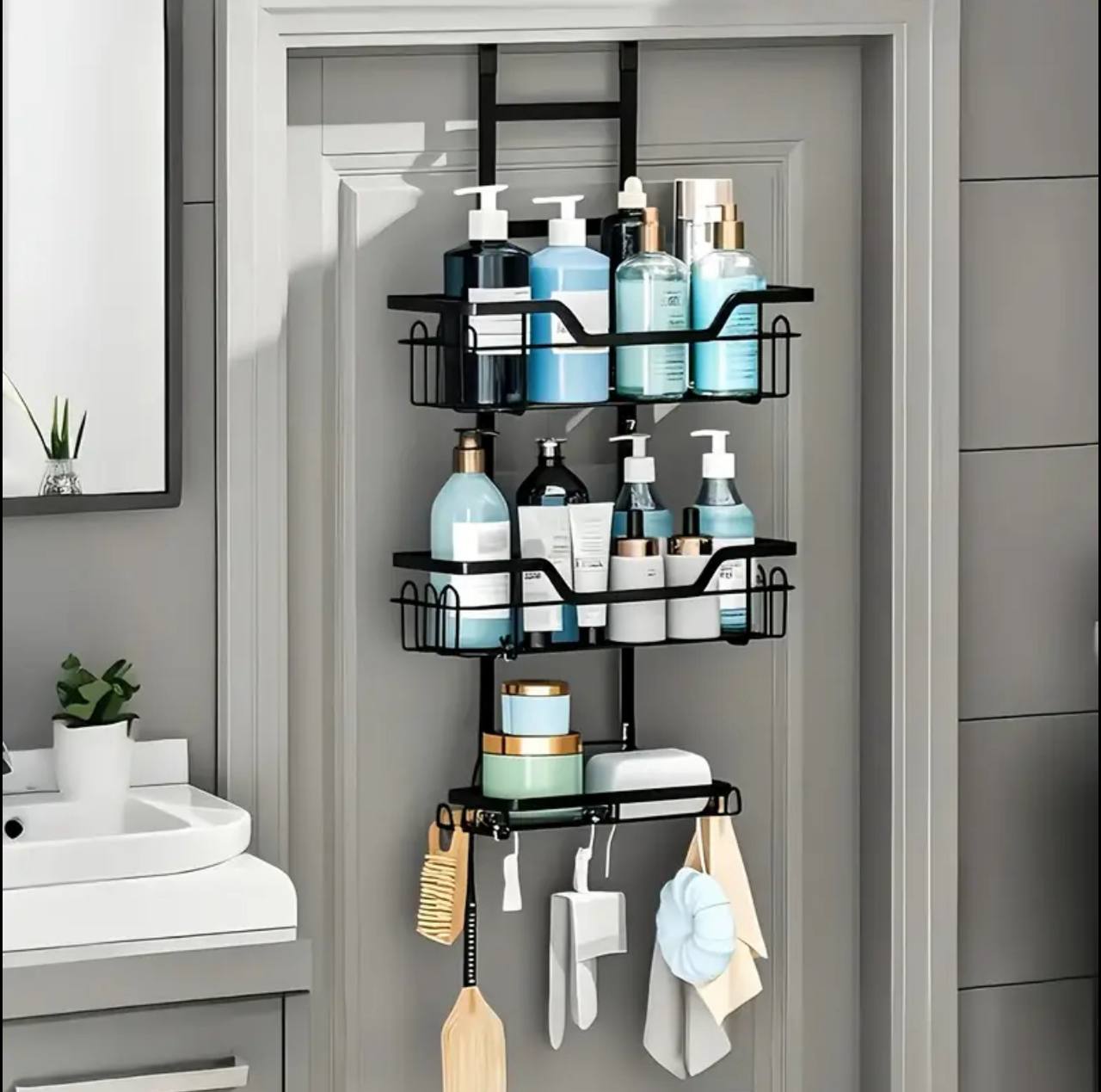 Drill-Free Bathroom Shelf Over Door Hanging Organizer