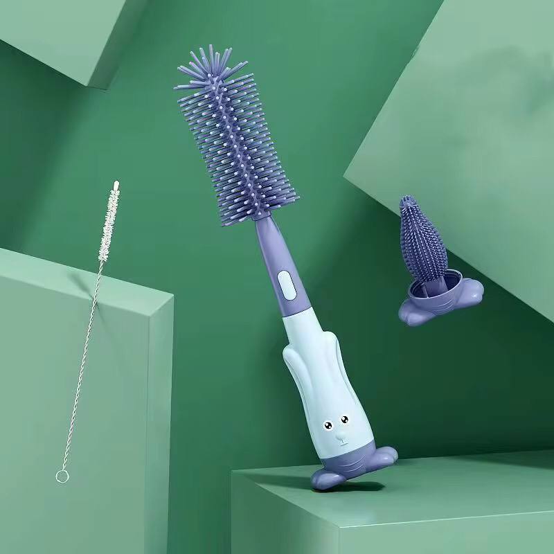 Silicone Bottle Brush 360 Degree Rotation Baby Pacifier Cup Tweezers Nipple Cleaning Brushes Set Handheld Soft Head Food Grade