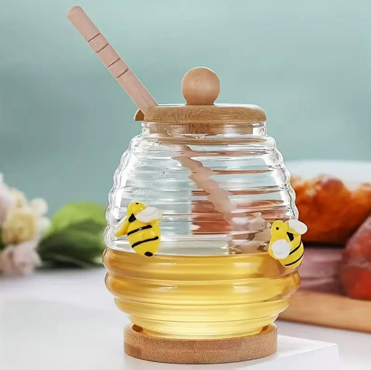 Honey canister container lid and stiring rod