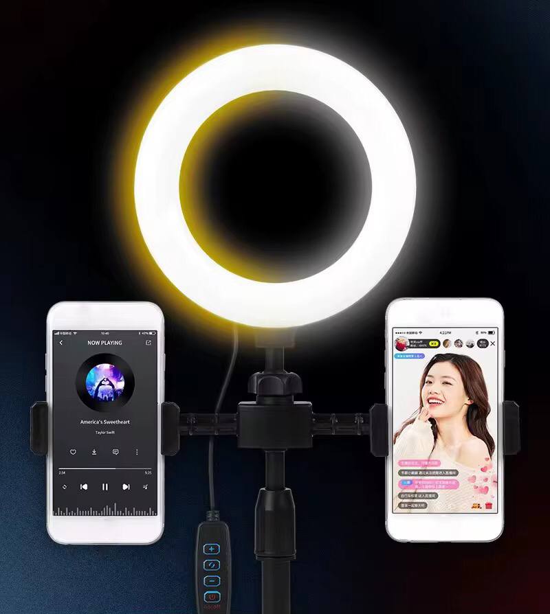 6inch led selfie stand ringlight with 3 modes and dual phone holder for makeup and live broadcast