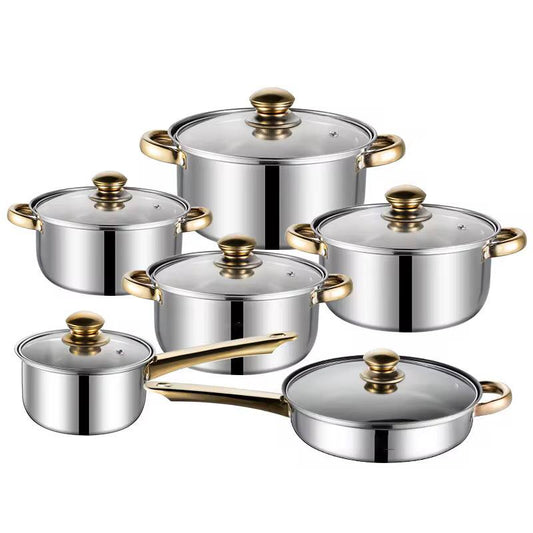 12-Piece Stainless Steel Cookware Set
Golden Handle Kitchen Pots & Pans