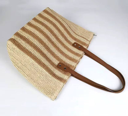 Striped pattern double handle straw bags