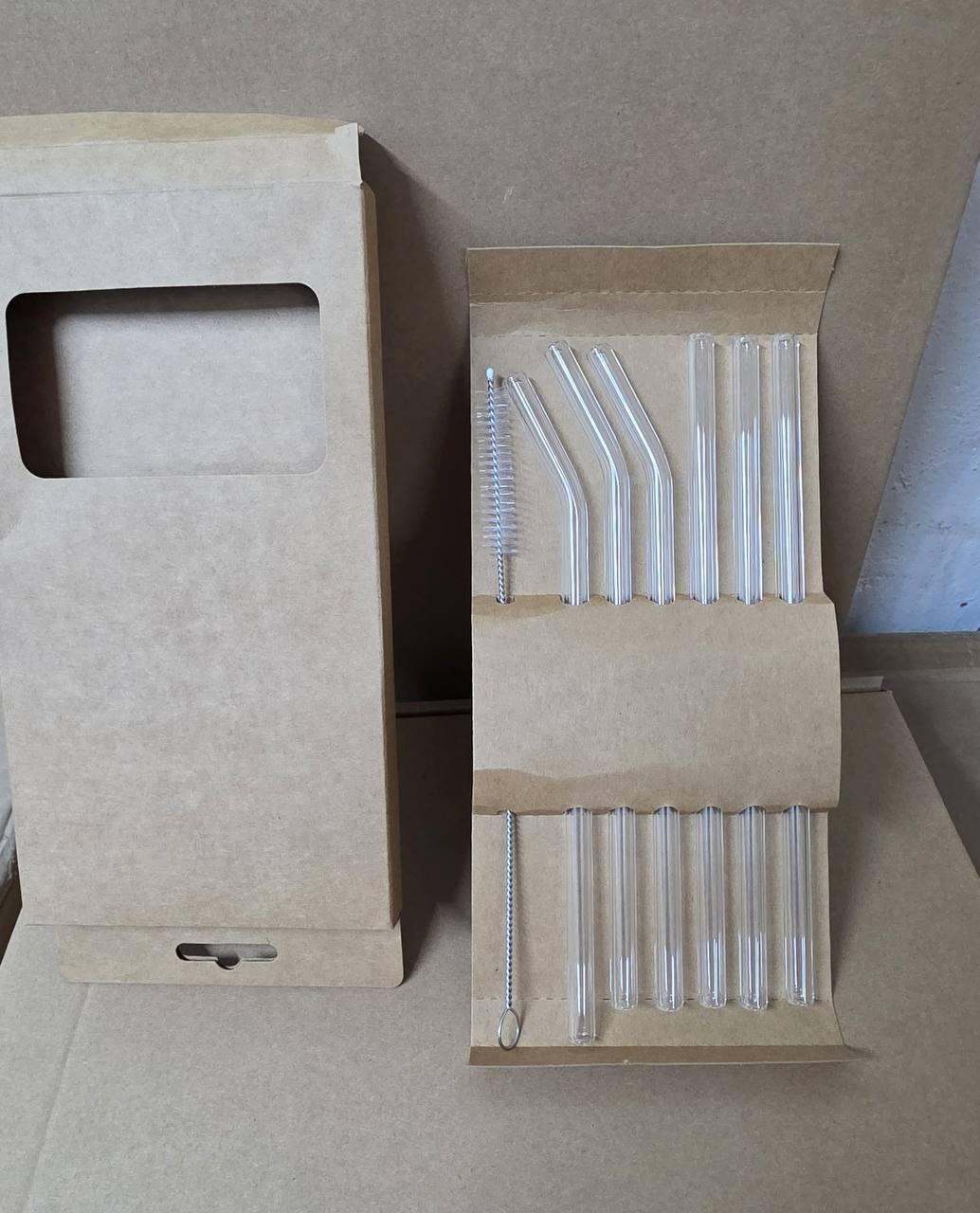 6 pcs Clear High Borosilicate Glass straw set with 1 pc Cleaning Brush..