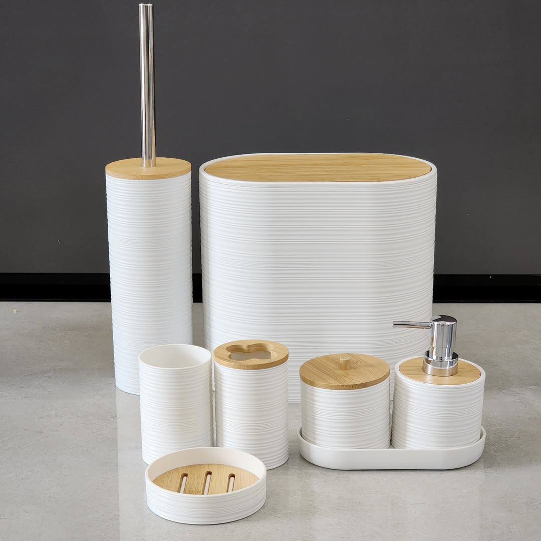 8PCS Luxury Bamboo Plastic Bathroom Accessories set.