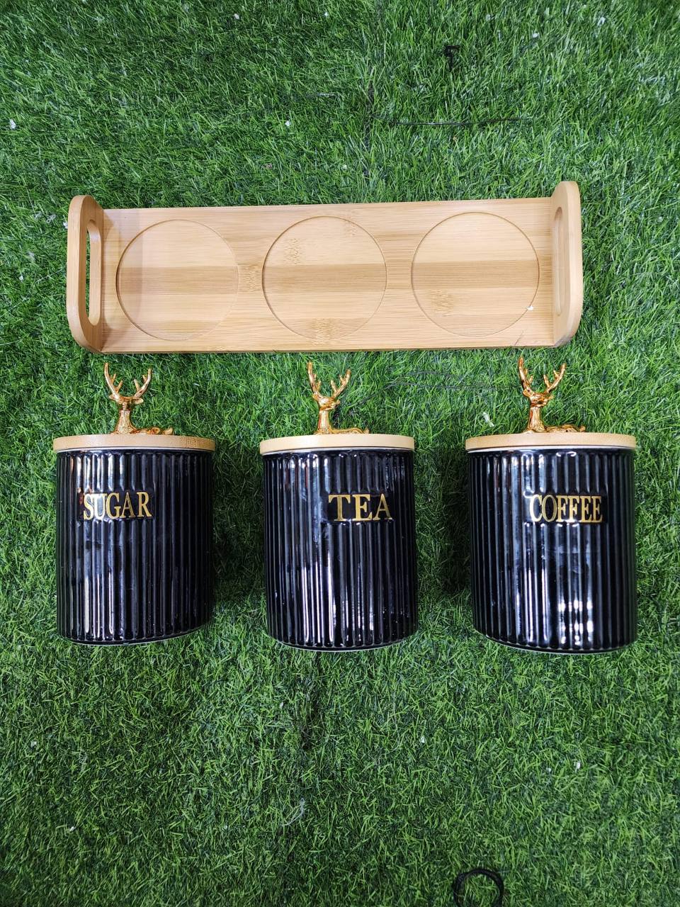 3pcs Ribbed Tea,Coffee Sugar canister