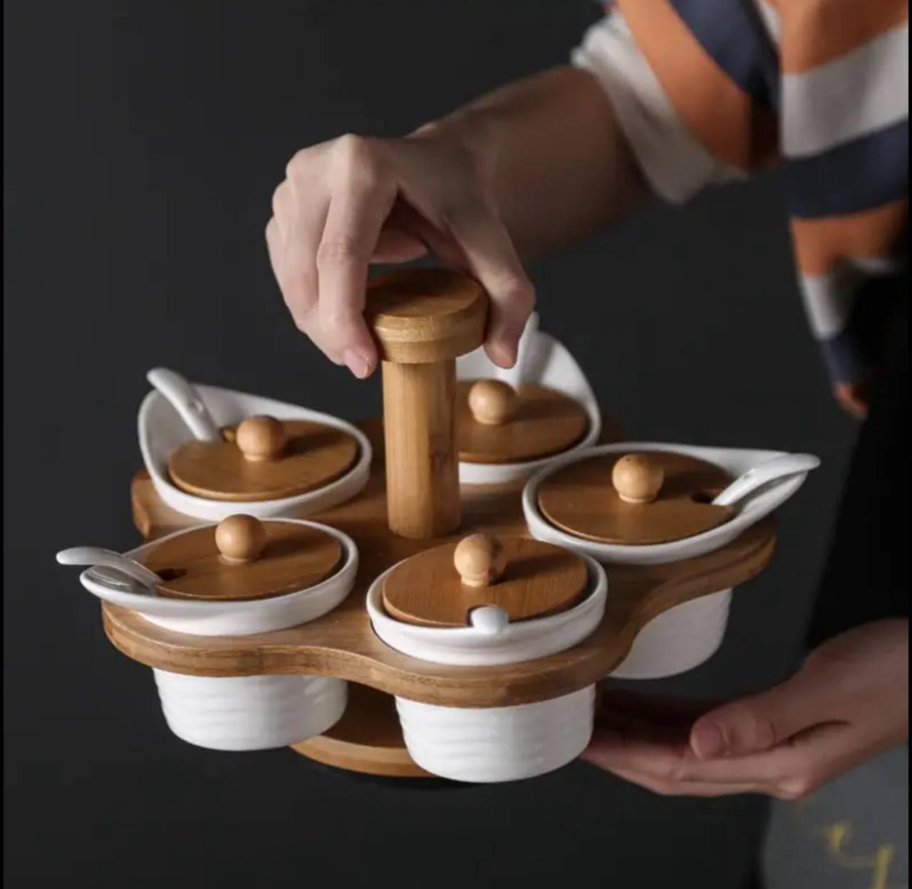 5pcs set cruets spice bowls with rotary bamboo stand