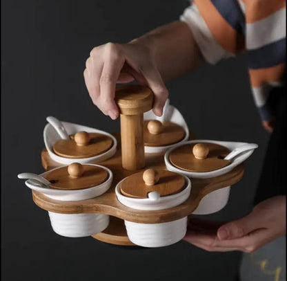 5pcs set cruets spice bowls with rotary bamboo stand