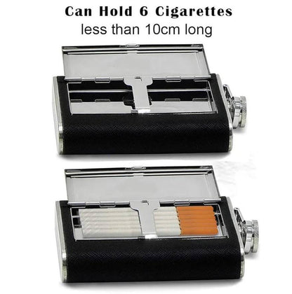 Stainless steel hip flask with a hidden cigarette storage