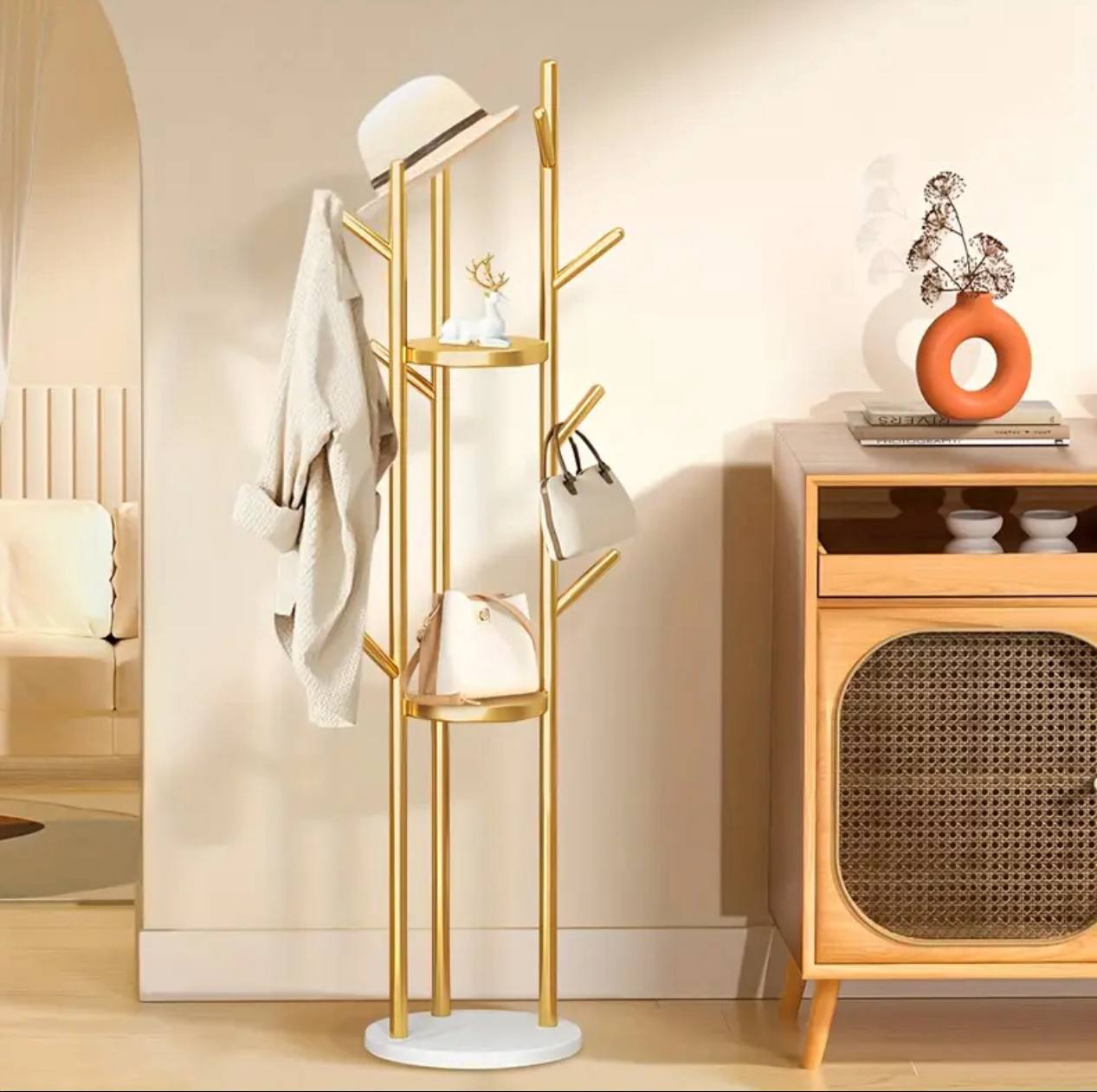 Multifunctional golden coat tree stand