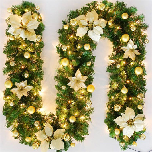 Christmas Garland with flower decoration,  balls and LED light